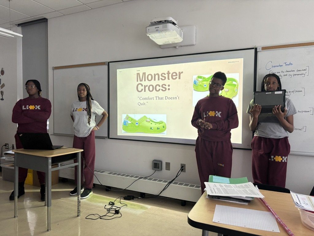 Link School students pitching their Monster Crocs idea